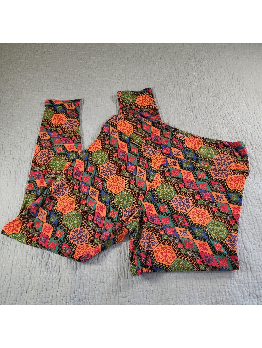 LuLa Rea Women's orange Colorful Geometric Print Leggings tall&curvy 8% spandex